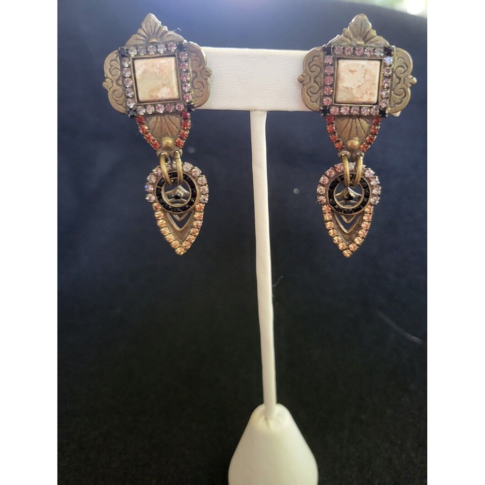 Sorrelli Bronze Tone Crystal Rhinestone Dangle Steampunk Clip On Earrings 1970s